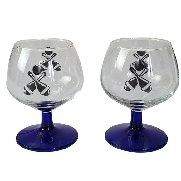 Other - Set of 2 Clear and Cobalt Blue Small Brandy Glasses Bowling Ball and Pins 3.75"